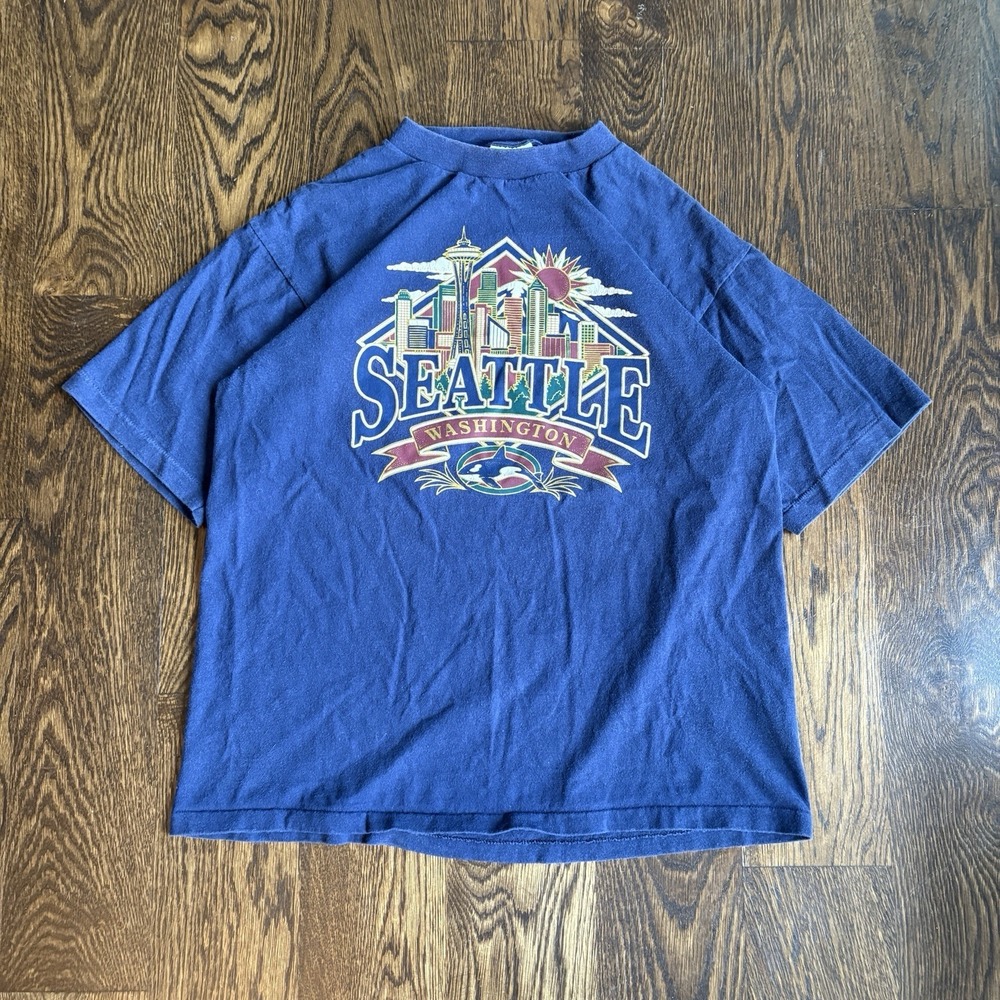 Vintage 90s Seattle City Skyline Single Stitch Blue Orca Graphic AllSport Tee L